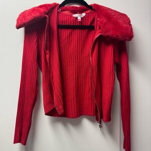 Red Ribbed Zip-Up Sweater with Faux Fur Collar